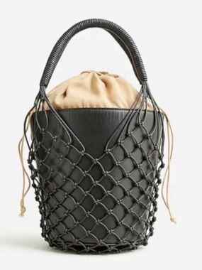 J Crew Sedona Black Woven Bucket Bag with Beige Liner